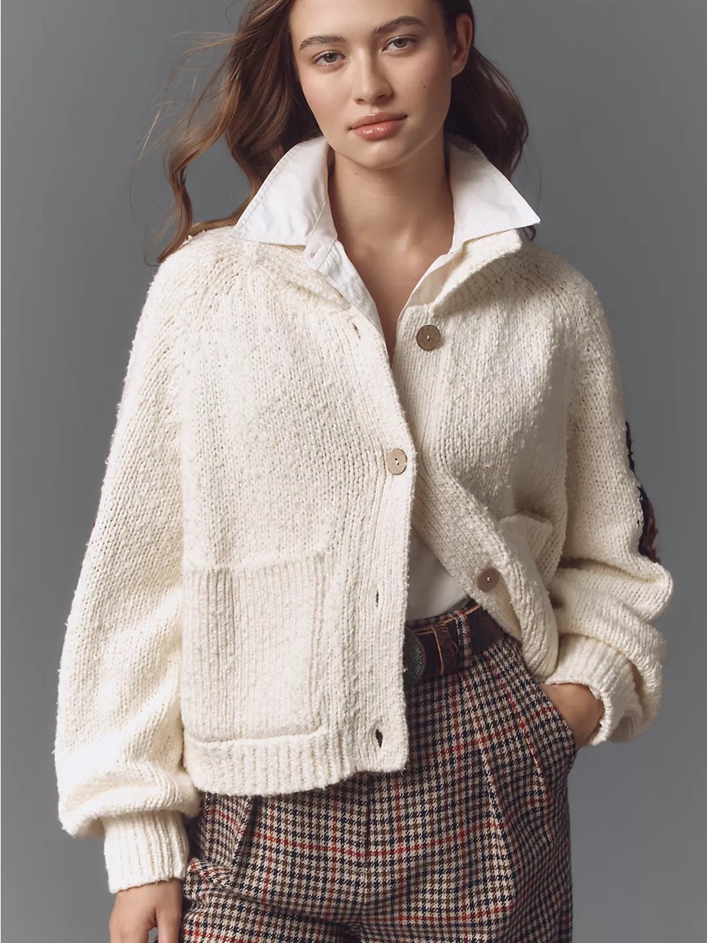 Pilcro Cream Knit Button-Up Knit Western Cardigan Brown Horseshoe Accents 2X - Picture 2 of 12